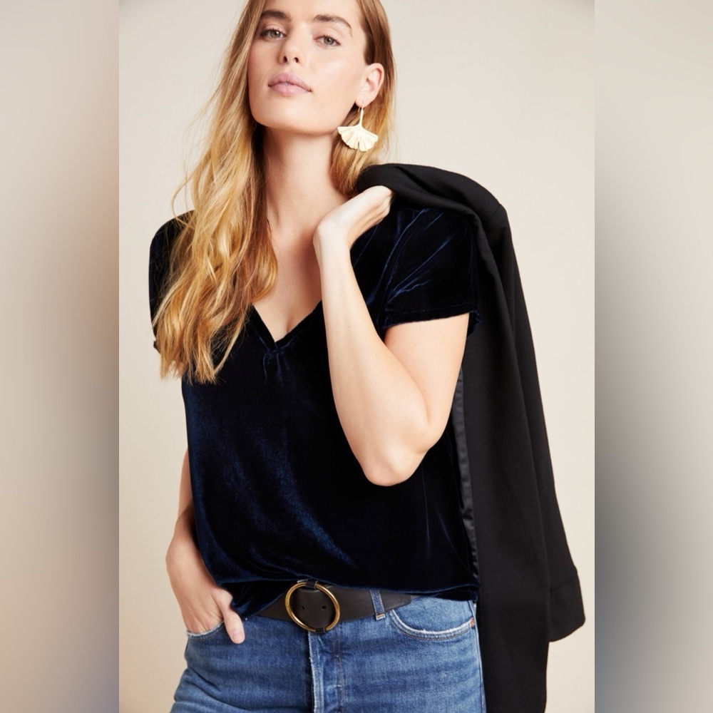 Bella Dahl Velvet Dark Blue V-neck Shirt Sleeve Top size XS
